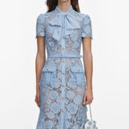 BLUE LACE TIE NECK MIDI DRESS