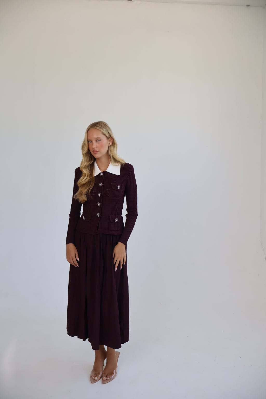 OPEN-KNIT DRESS WITH PLEATED MIDI SKIRT