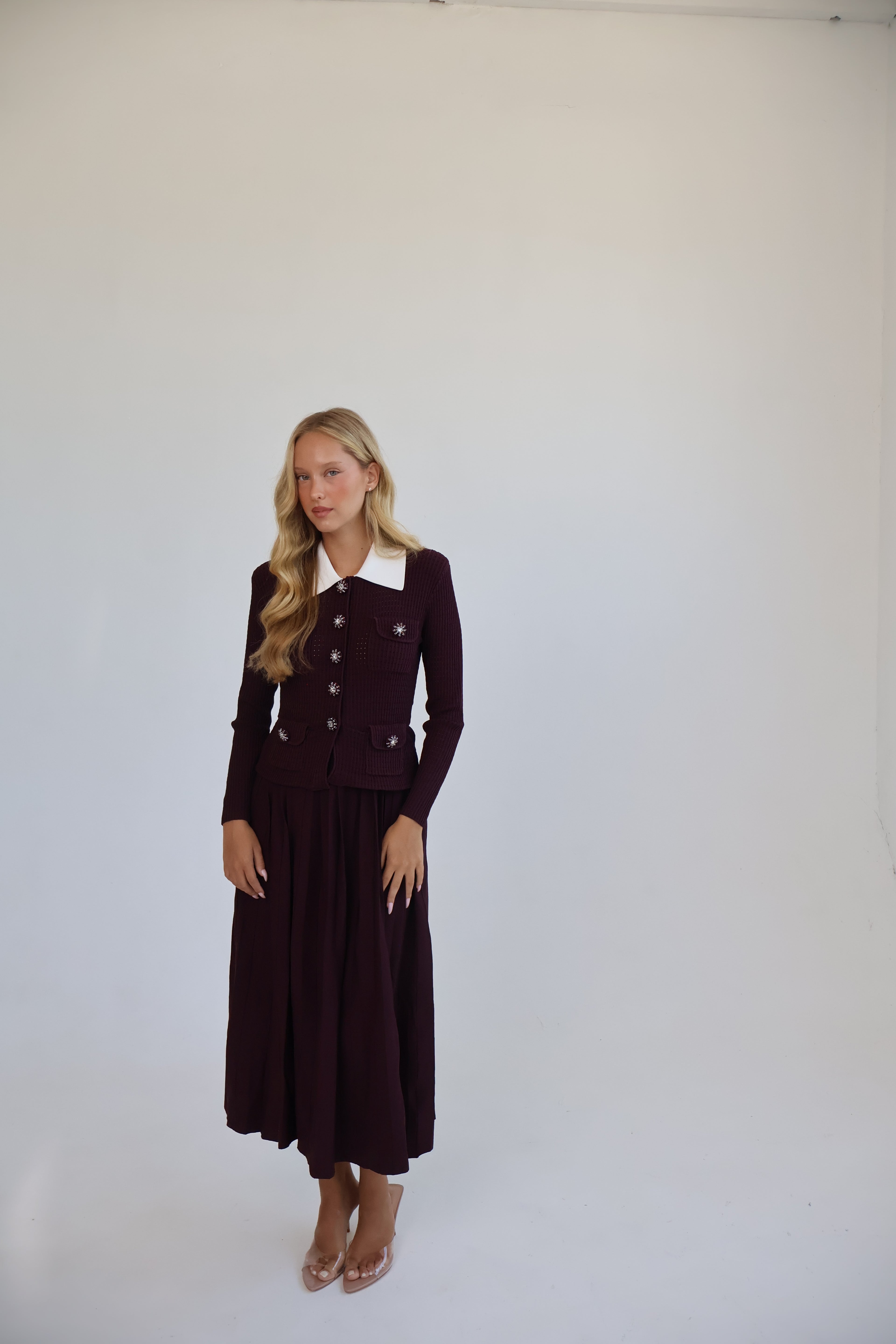OPEN-KNIT DRESS WITH PLEATED MIDI SKIRT
