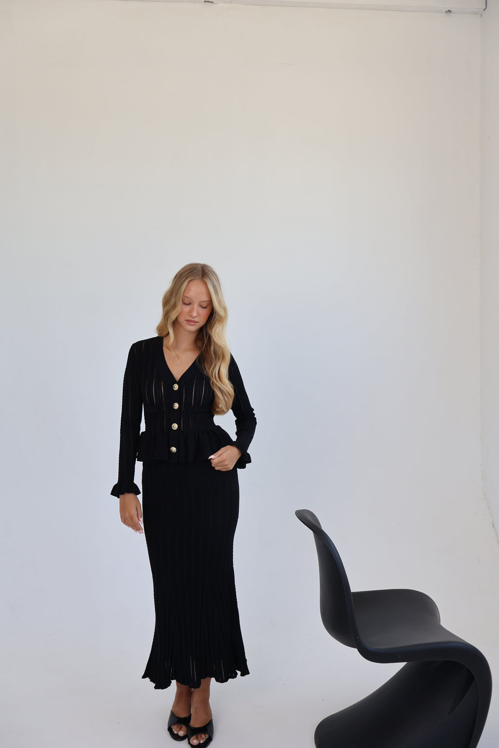 Black Knit Peplum Midi Dress