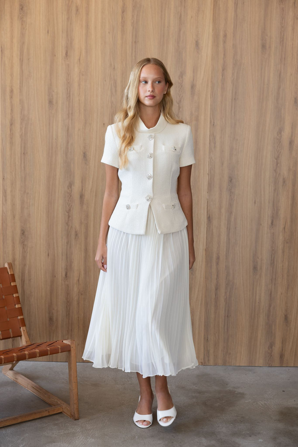CREAM BOUCLÉ COLLARED MIDI DRESS