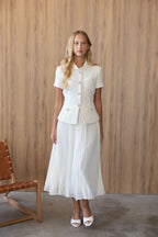 CREAM BOUCLÉ COLLARED MIDI DRESS