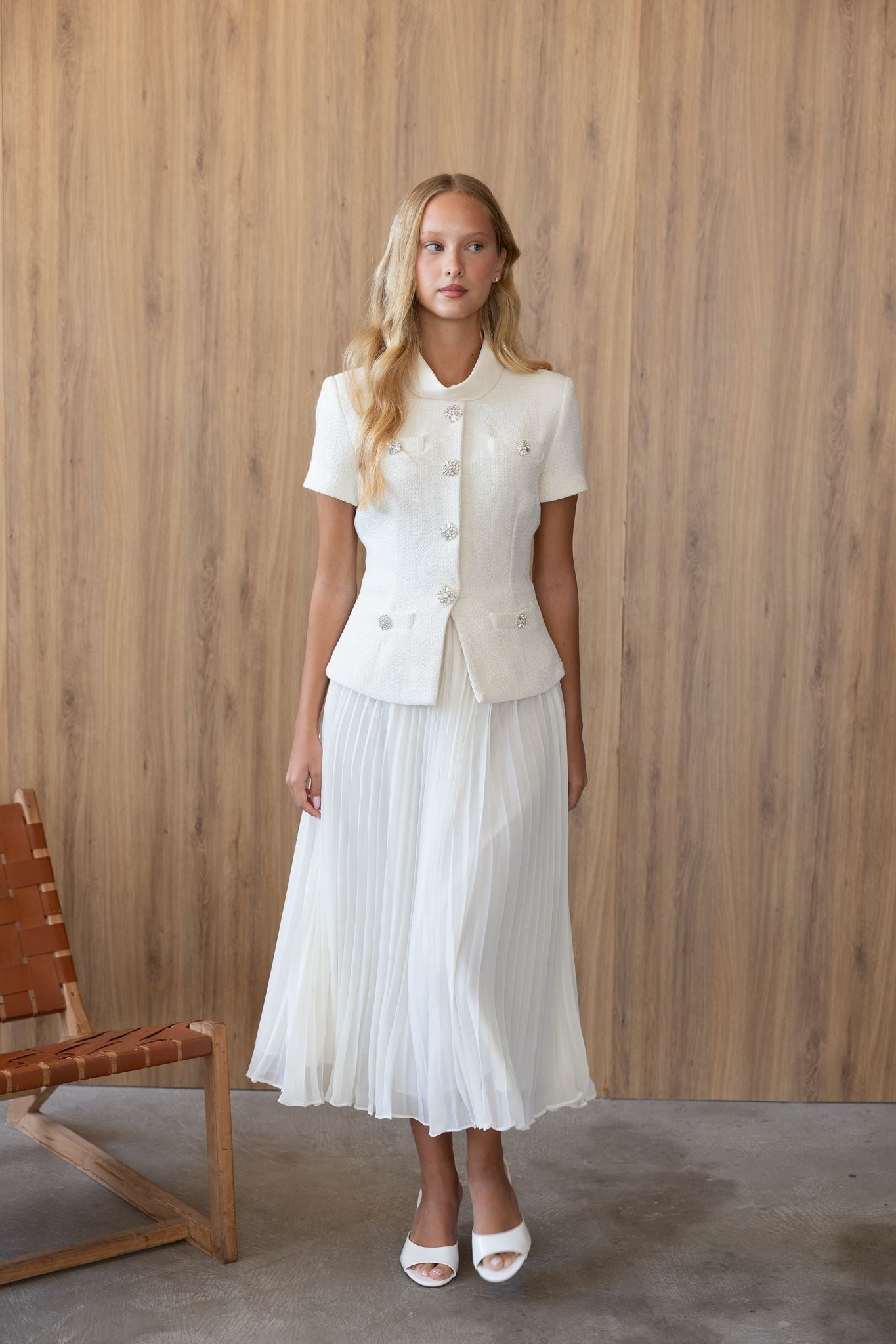 CREAM BOUCLÉ COLLARED MIDI DRESS