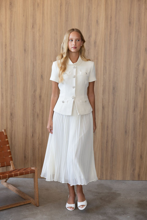 CREAM BOUCLÉ COLLARED MIDI DRESS