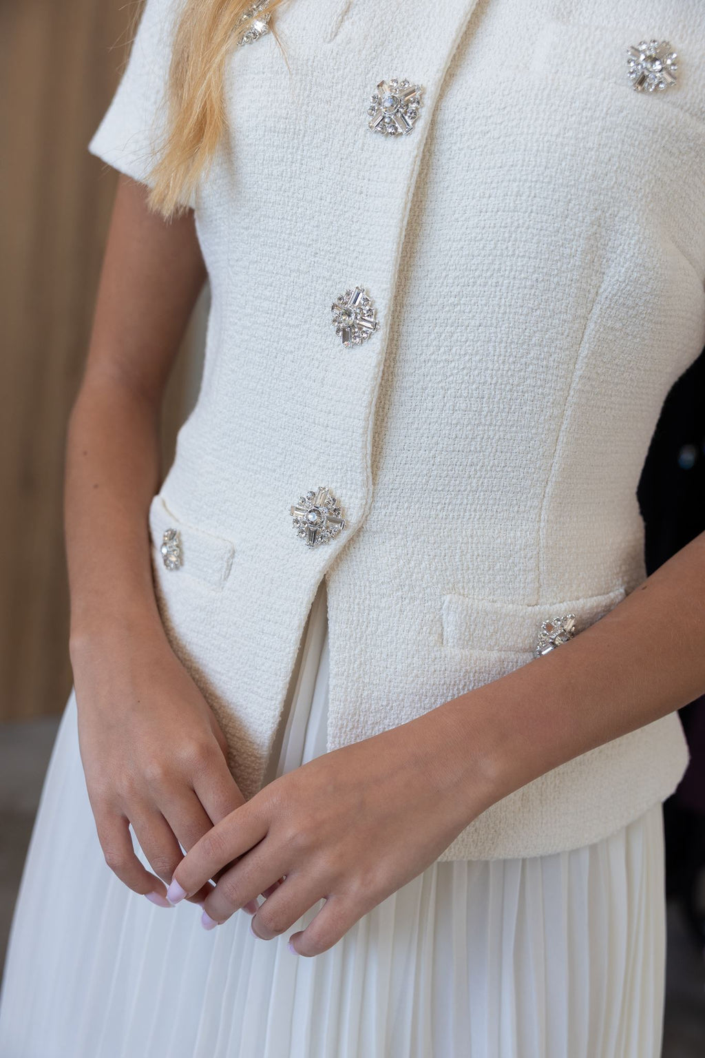 CREAM BOUCLÉ COLLARED MIDI DRESS