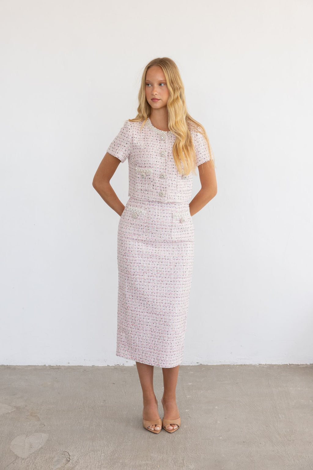 Pink Bouclé Pearl Midi Skirt & Top Set