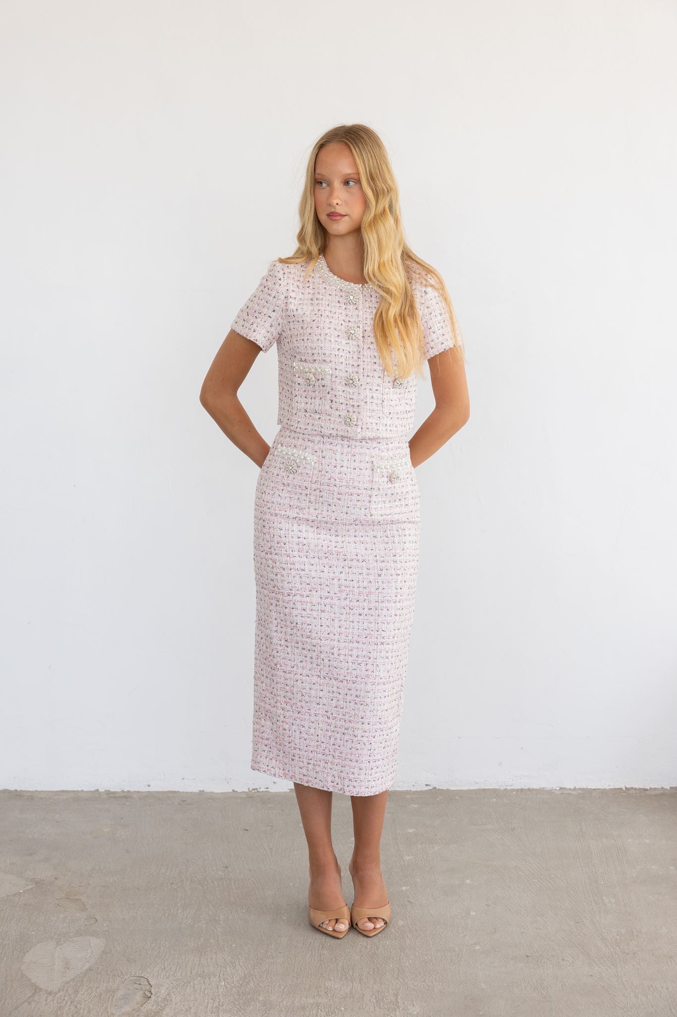 Pink Bouclé Pearl Midi Skirt & Top Set