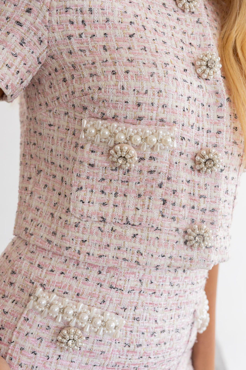 Pink Bouclé Pearl Midi Skirt & Top Set