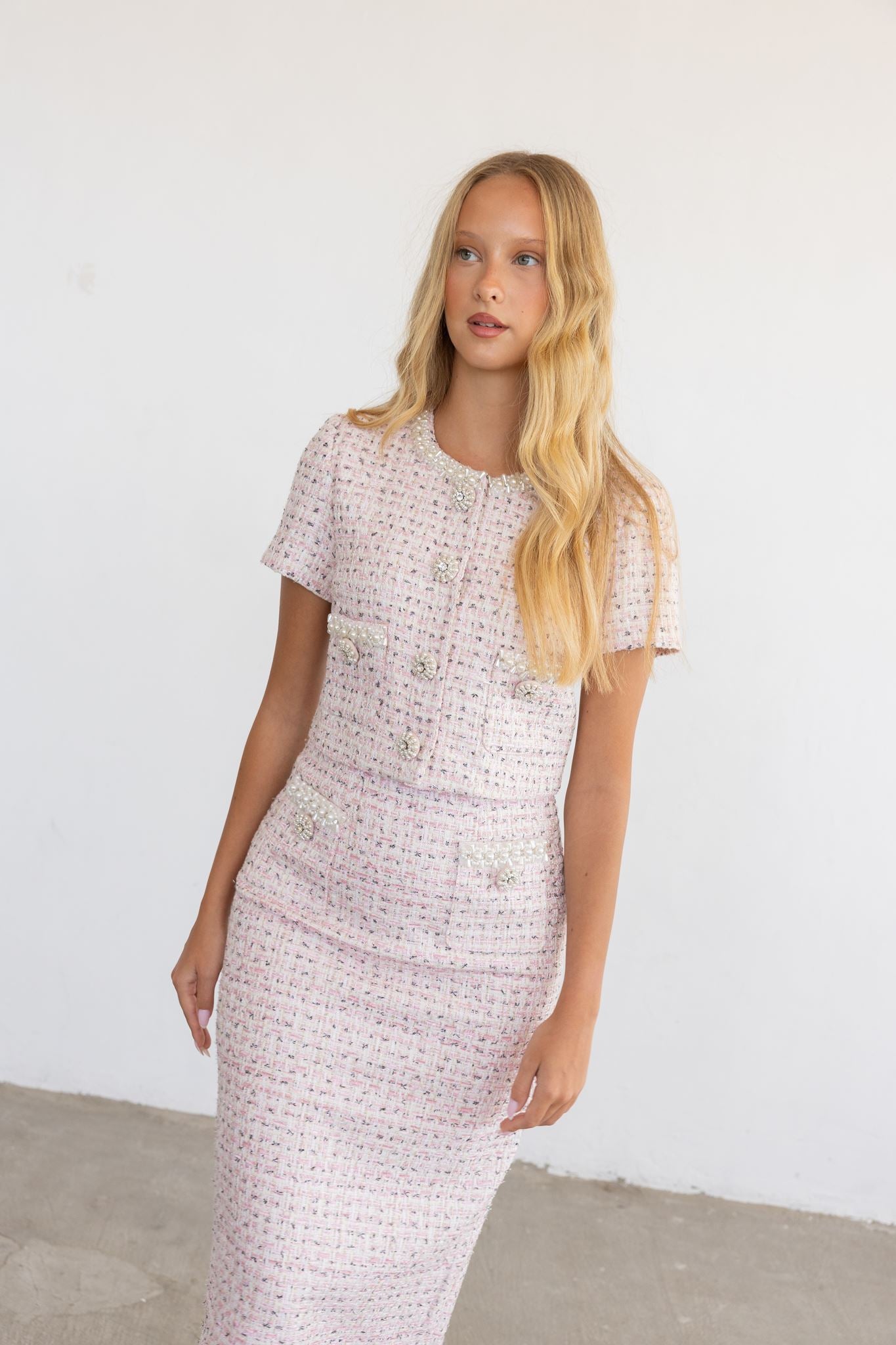 Pink Bouclé Pearl Midi Skirt & Top Set
