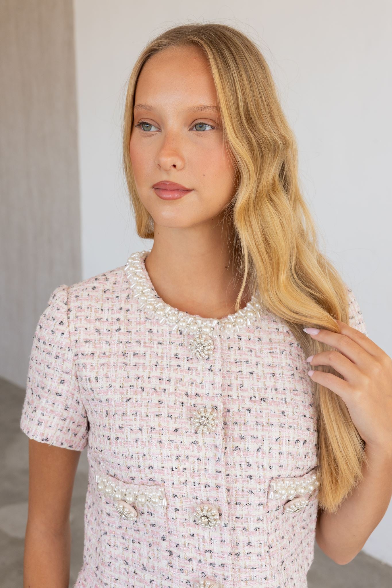 Pink Bouclé Pearl Midi Skirt & Top Set