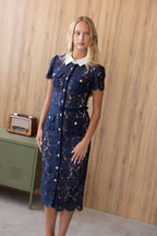 NAVY LACE CONTRAST COLLAR MIDI DRESS