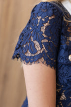 NAVY LACE CONTRAST COLLAR MIDI DRESS