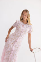PINK LACE BOW TRIM MIDI DRESS