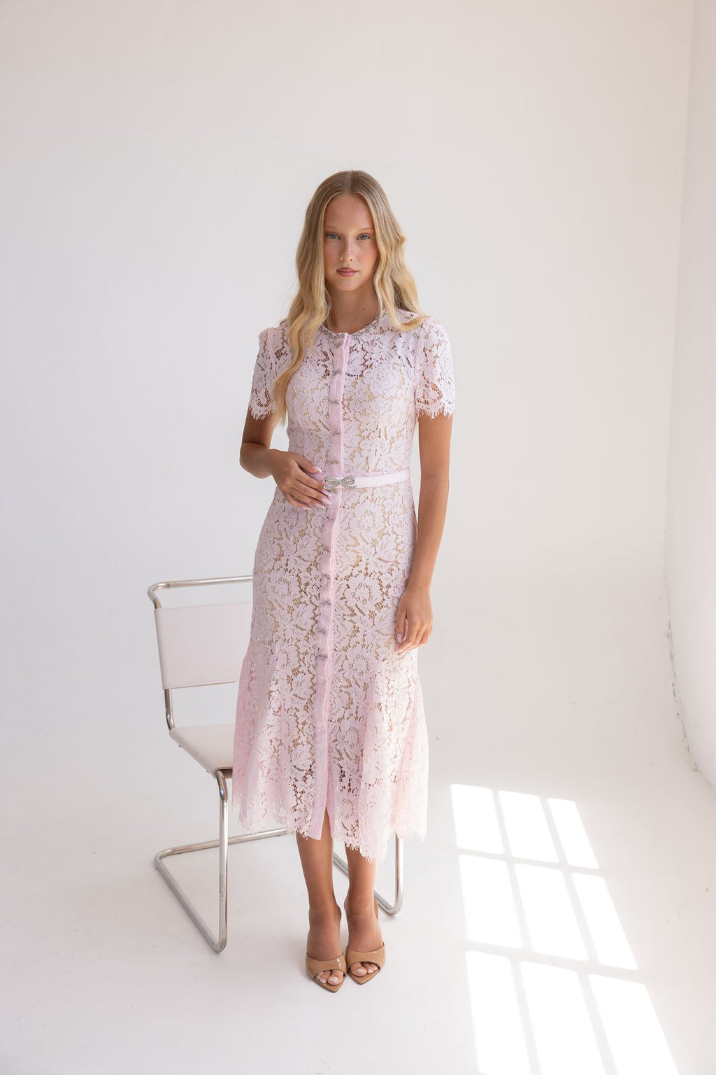 PINK LACE BOW TRIM MIDI DRESS