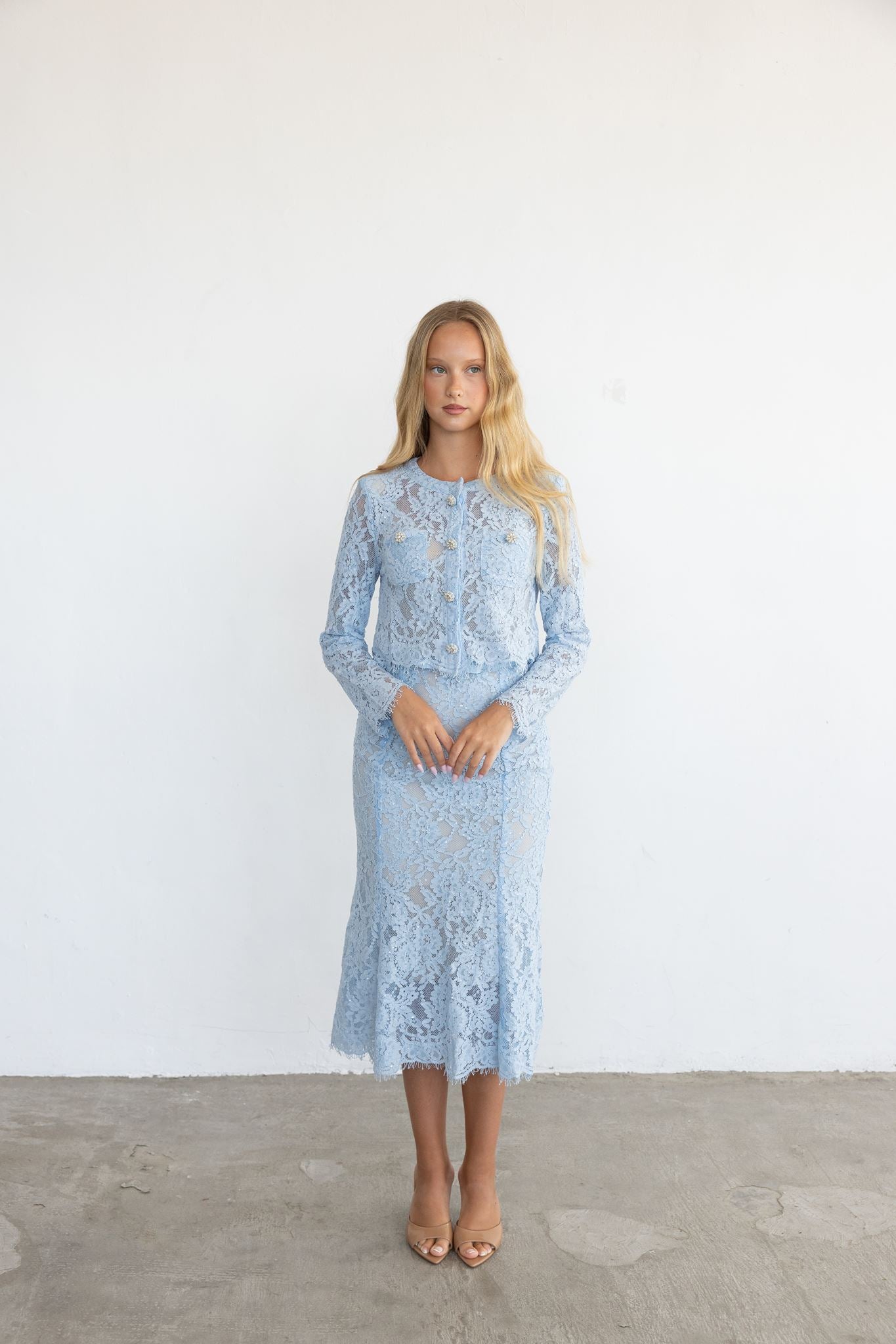 BLUE LACE EMBELLISHED TOP AND MIDI SKIRT