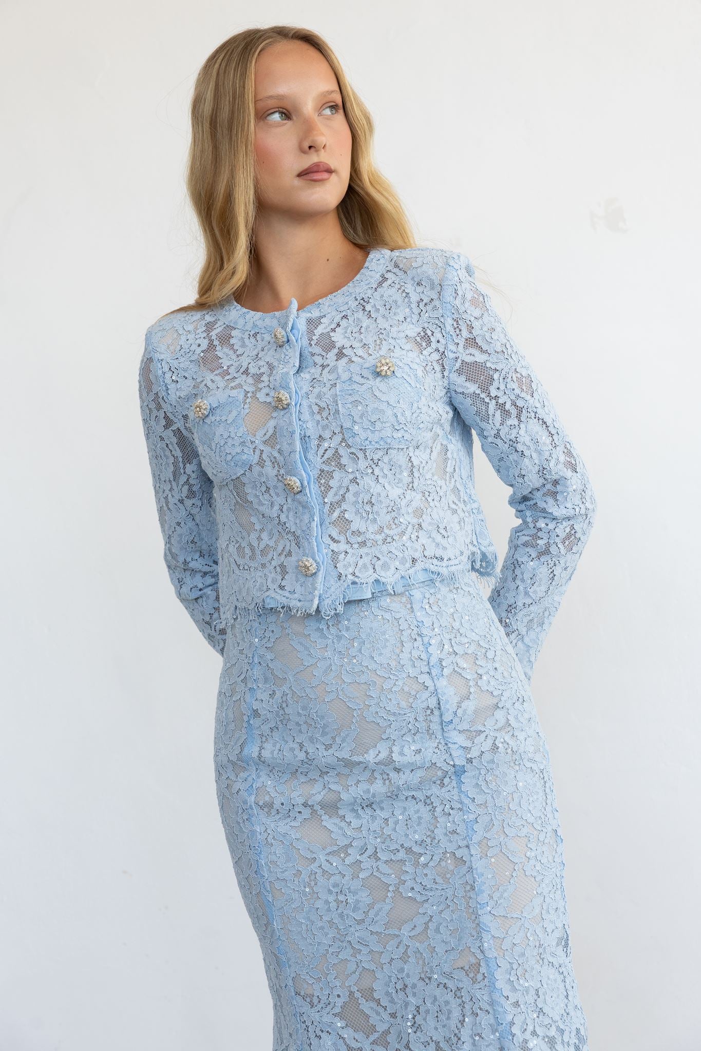 BLUE LACE EMBELLISHED TOP AND MIDI SKIRT