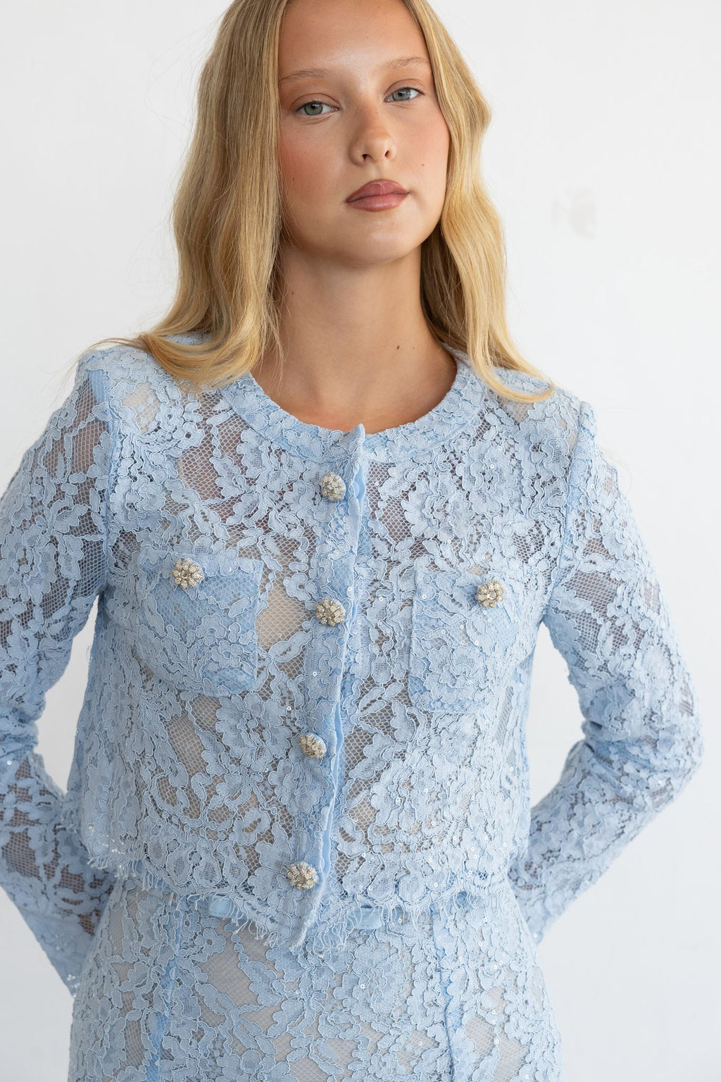 BLUE LACE EMBELLISHED TOP AND MIDI SKIRT