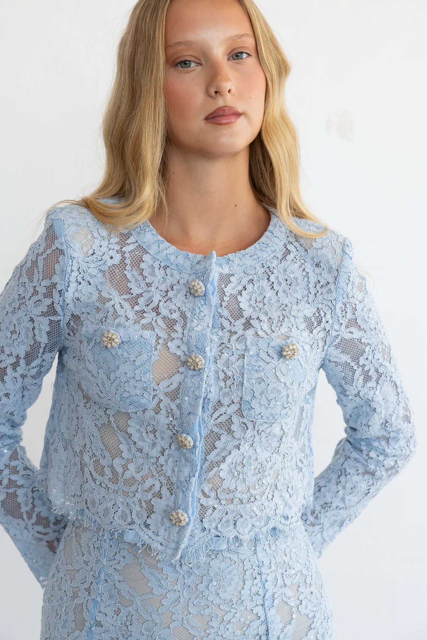 BLUE LACE EMBELLISHED TOP AND MIDI SKIRT