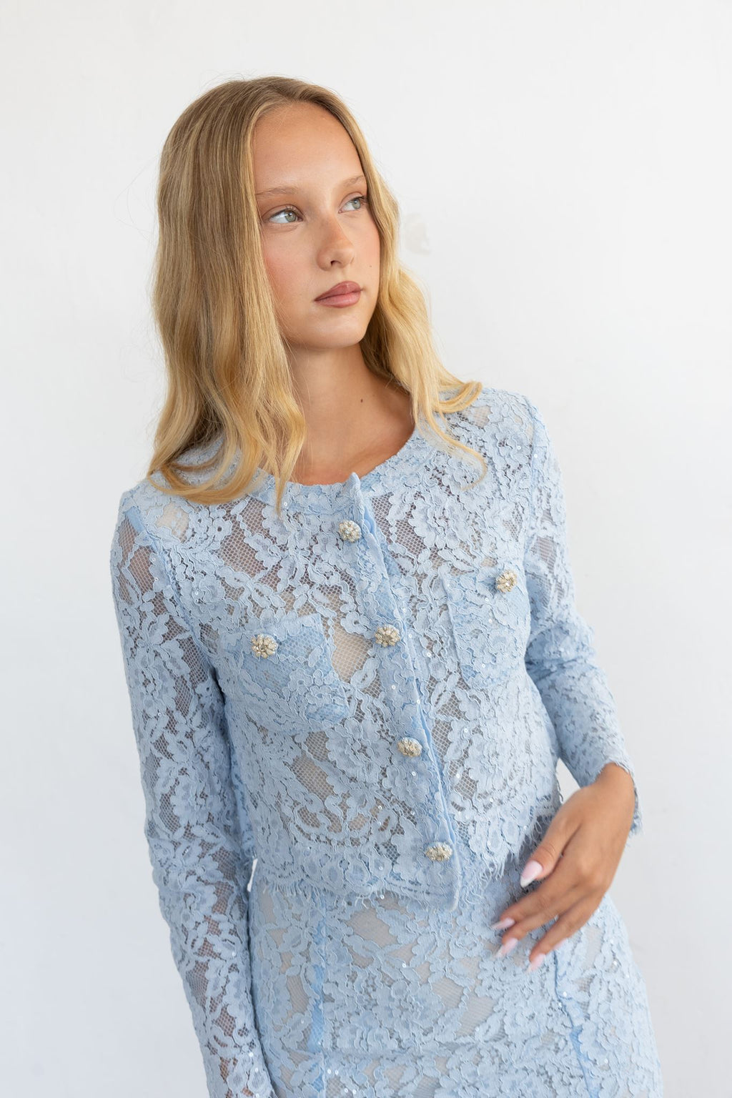 BLUE LACE EMBELLISHED TOP AND MIDI SKIRT