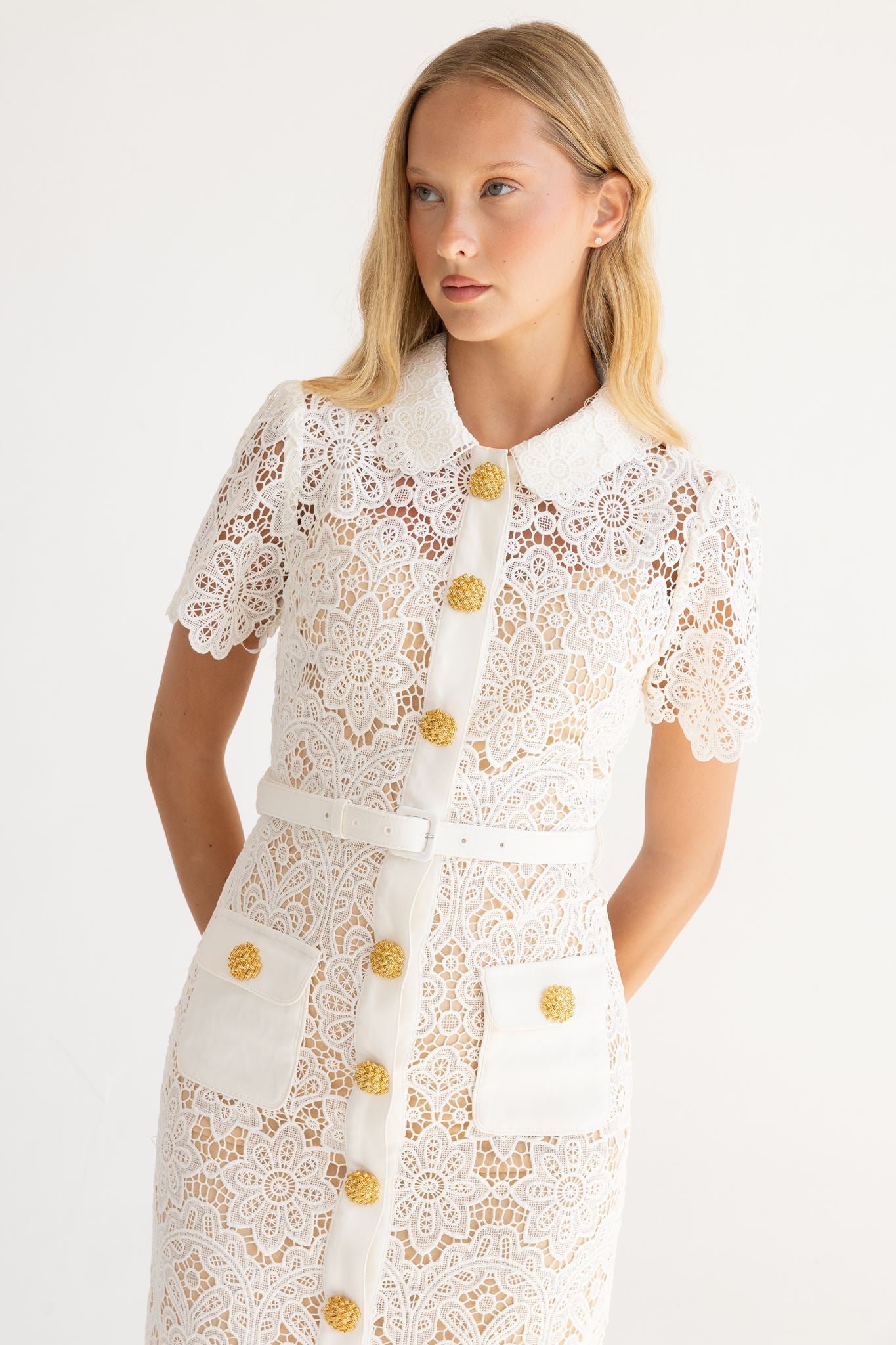 Floral Guipure Bow-Collar Belted Midi Dress