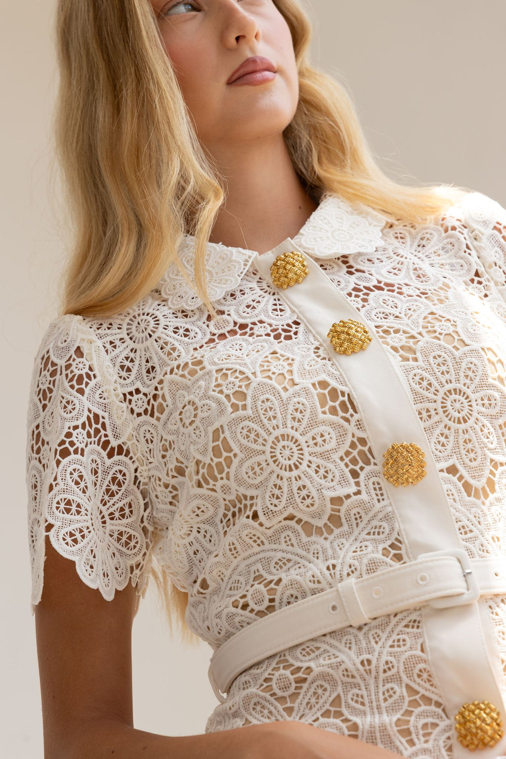 Floral Guipure Bow-Collar Belted Midi Dress