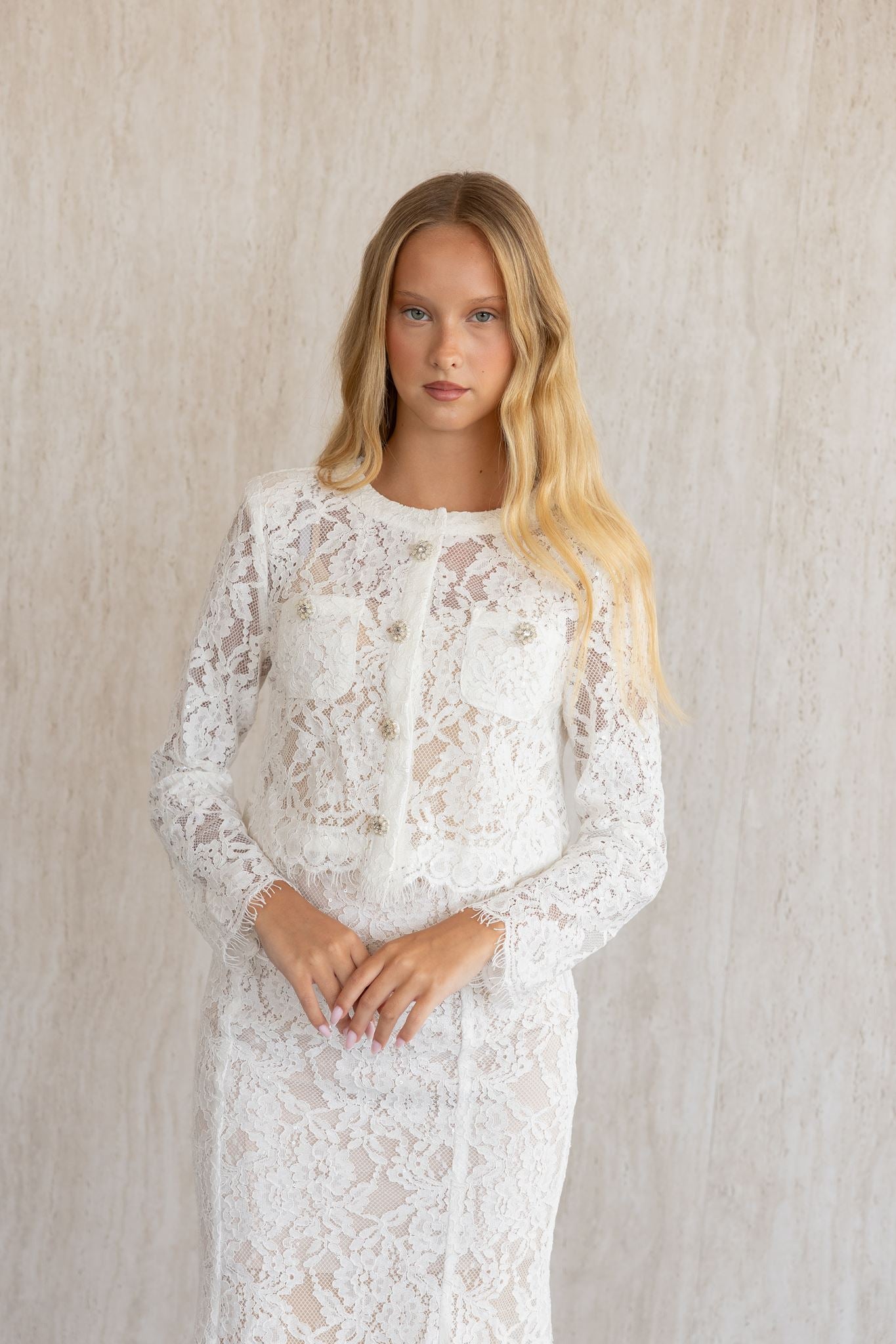 WHITE LACE EMBELLISHED TOP AND MIDI SKIRT