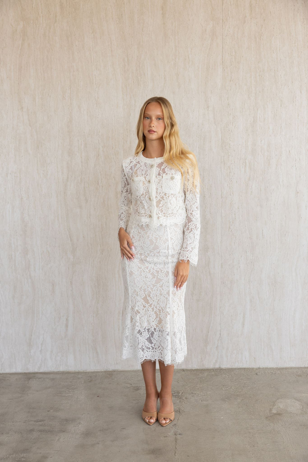 WHITE LACE EMBELLISHED TOP AND MIDI SKIRT
