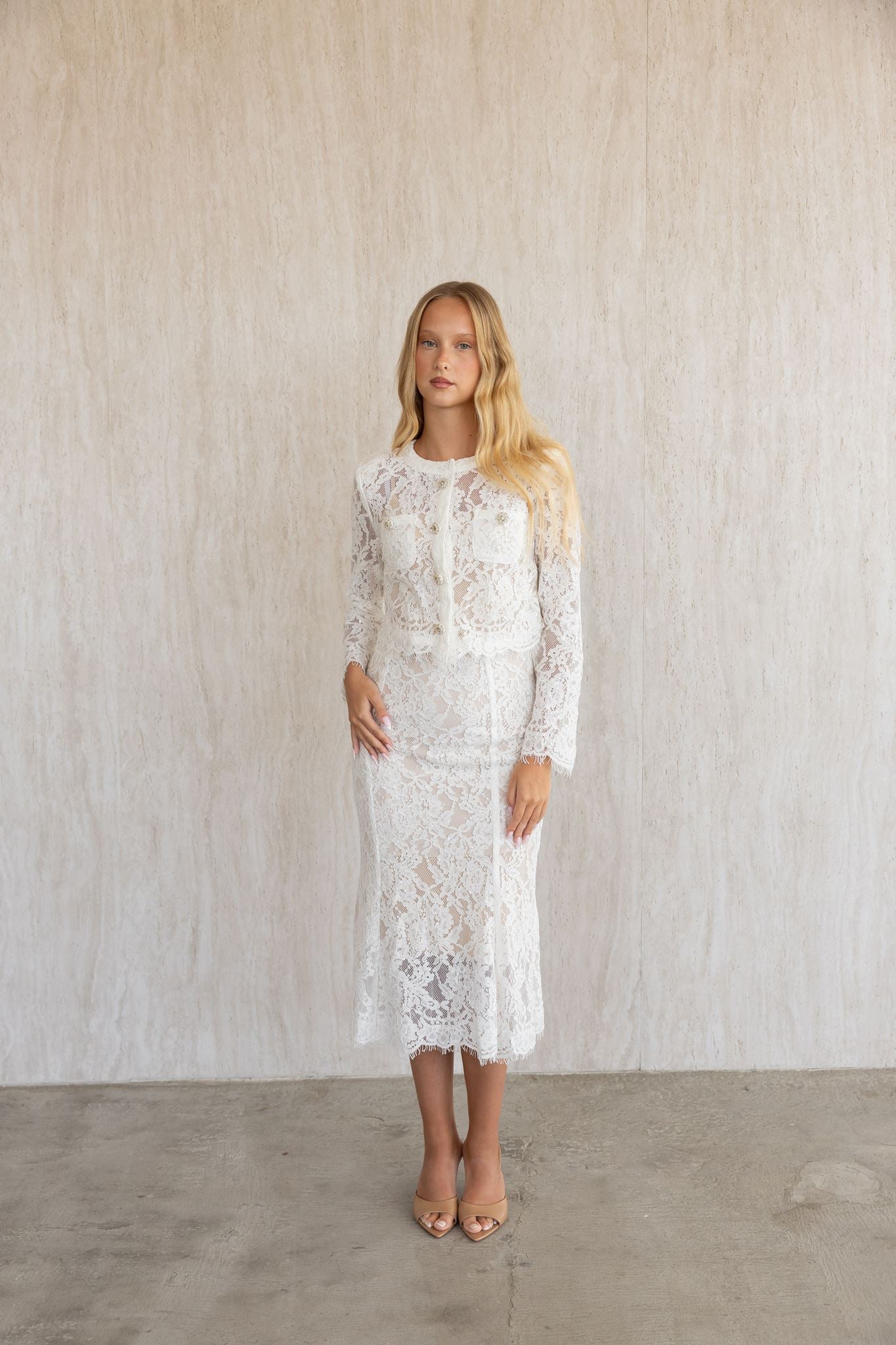 WHITE LACE EMBELLISHED TOP AND MIDI SKIRT