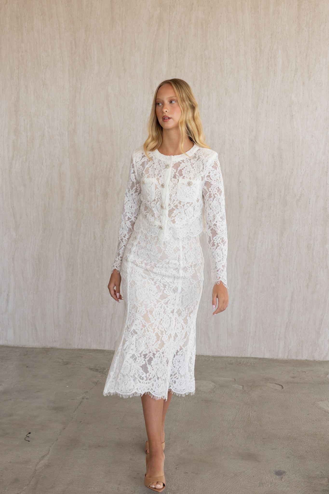 WHITE LACE EMBELLISHED TOP AND MIDI SKIRT