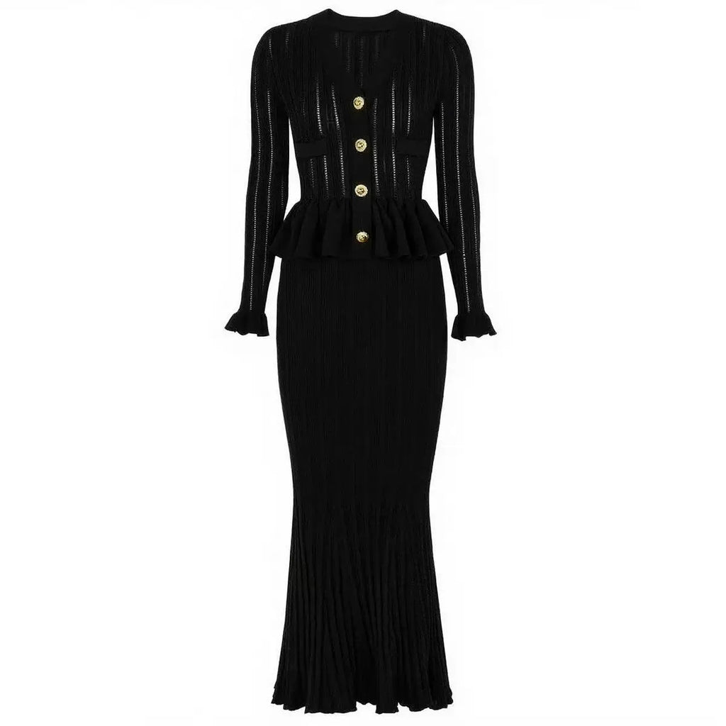 Black Knit Peplum Midi Dress