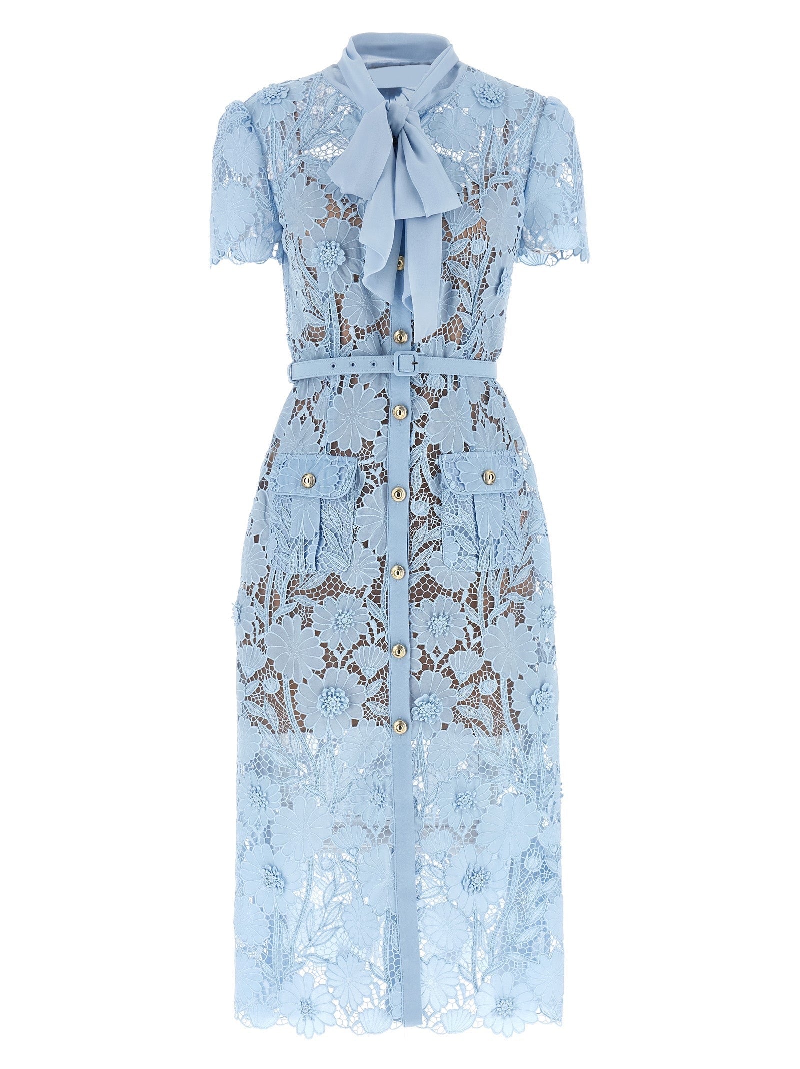BLUE LACE TIE NECK MIDI DRESS