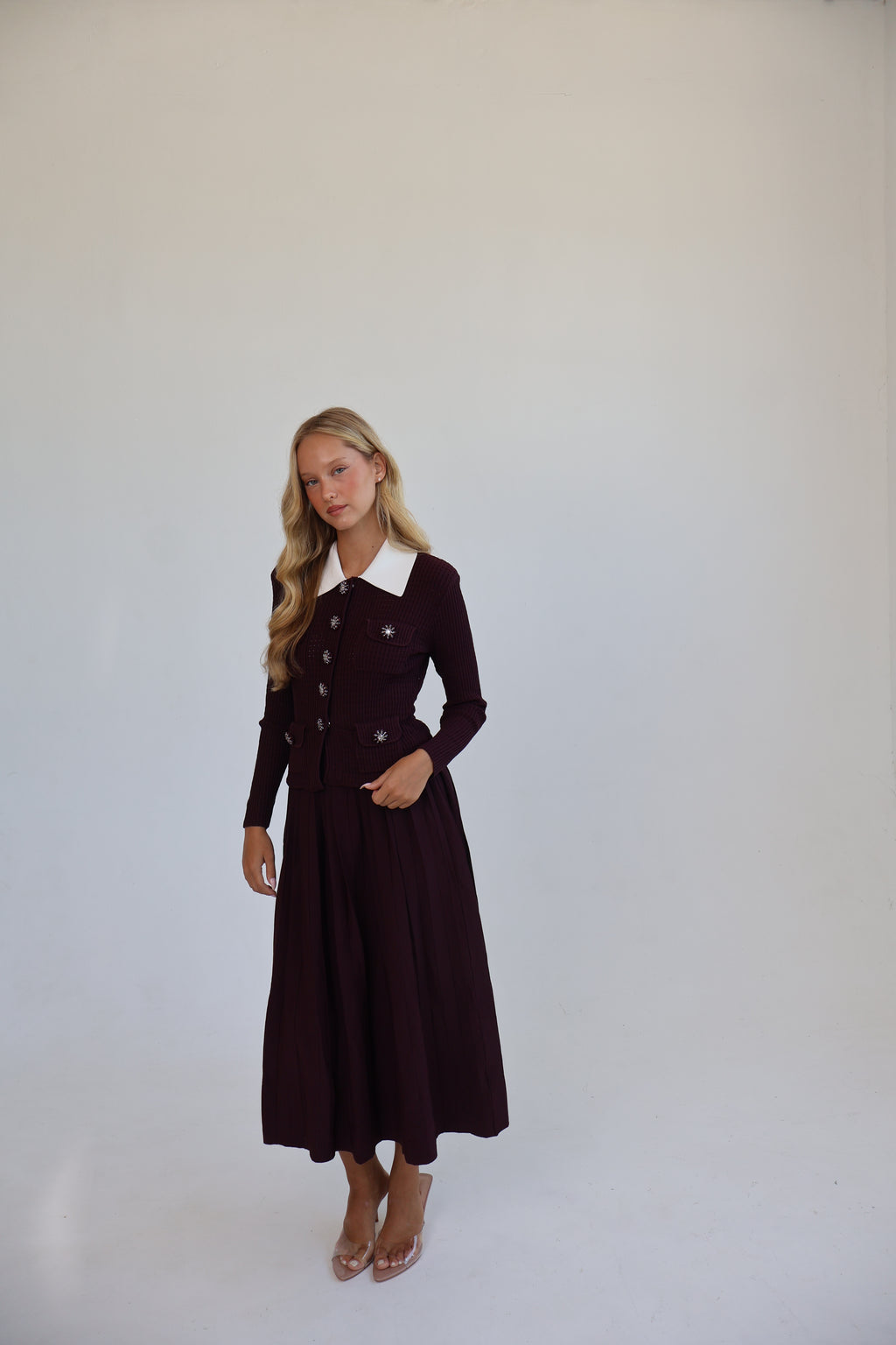 OPEN-KNIT DRESS WITH PLEATED MIDI SKIRT