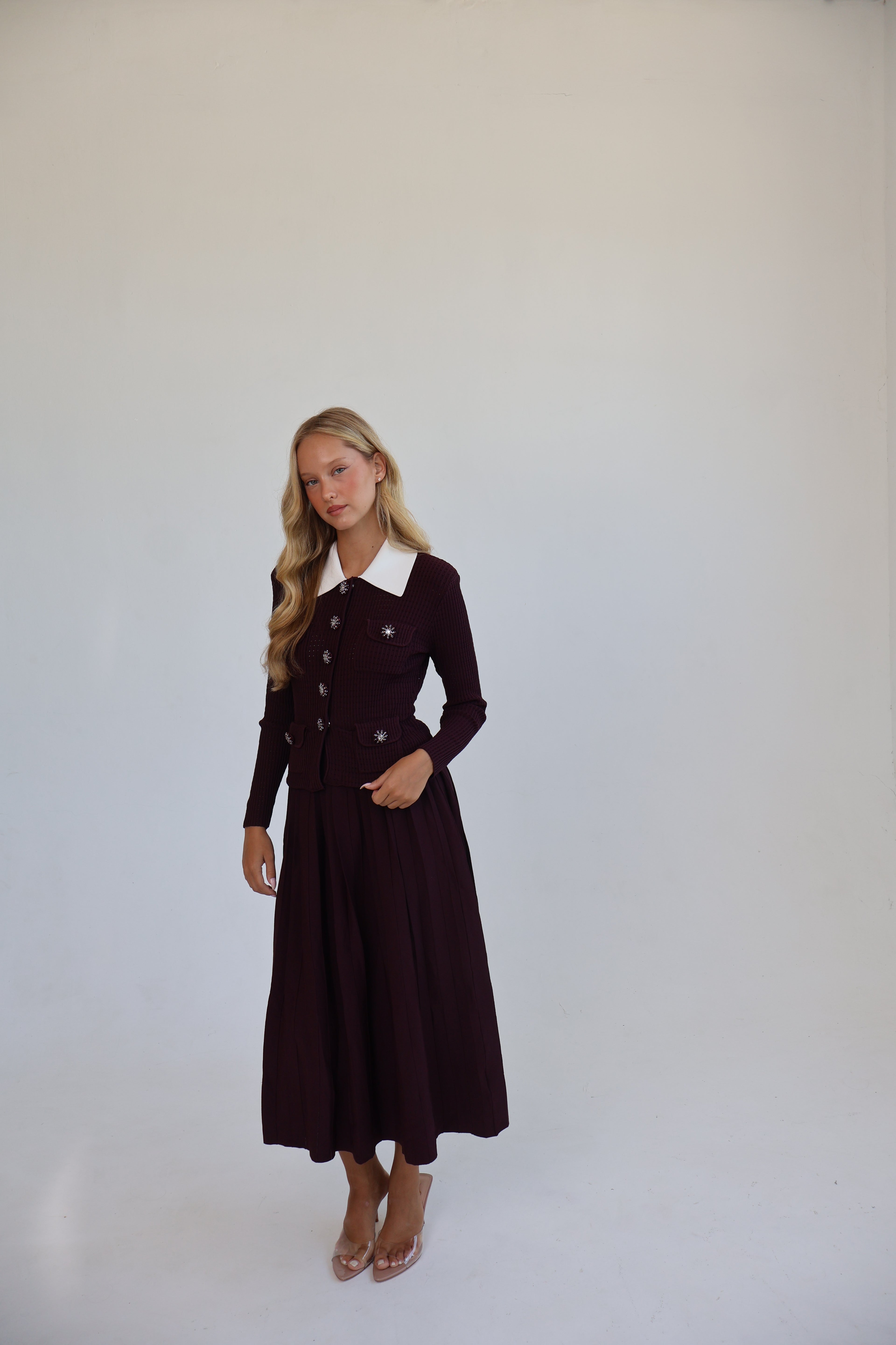 OPEN-KNIT DRESS WITH PLEATED MIDI SKIRT