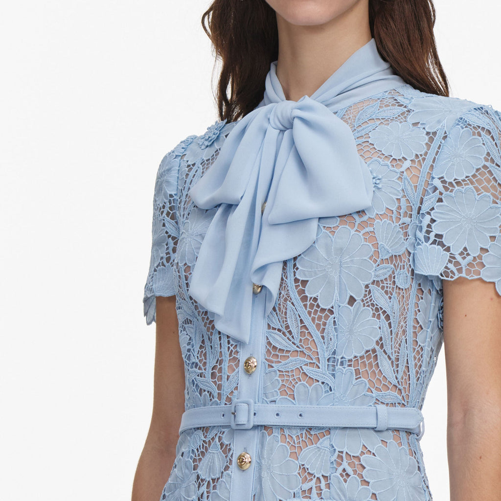 BLUE LACE TIE NECK MIDI DRESS