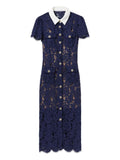 NAVY LACE CONTRAST COLLAR MIDI DRESS