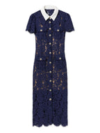 NAVY LACE CONTRAST COLLAR MIDI DRESS