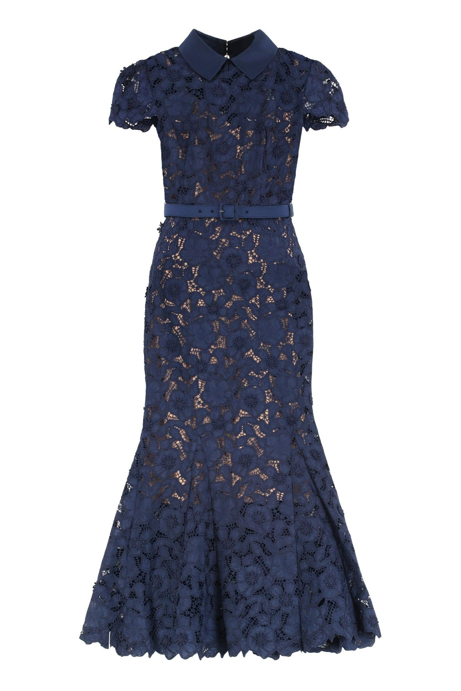 NAVY GUIPURE LACE MIDI DRESS