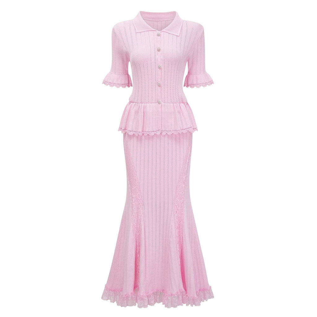 POINTELLE PEPLUM KNIT MIDI DRESS