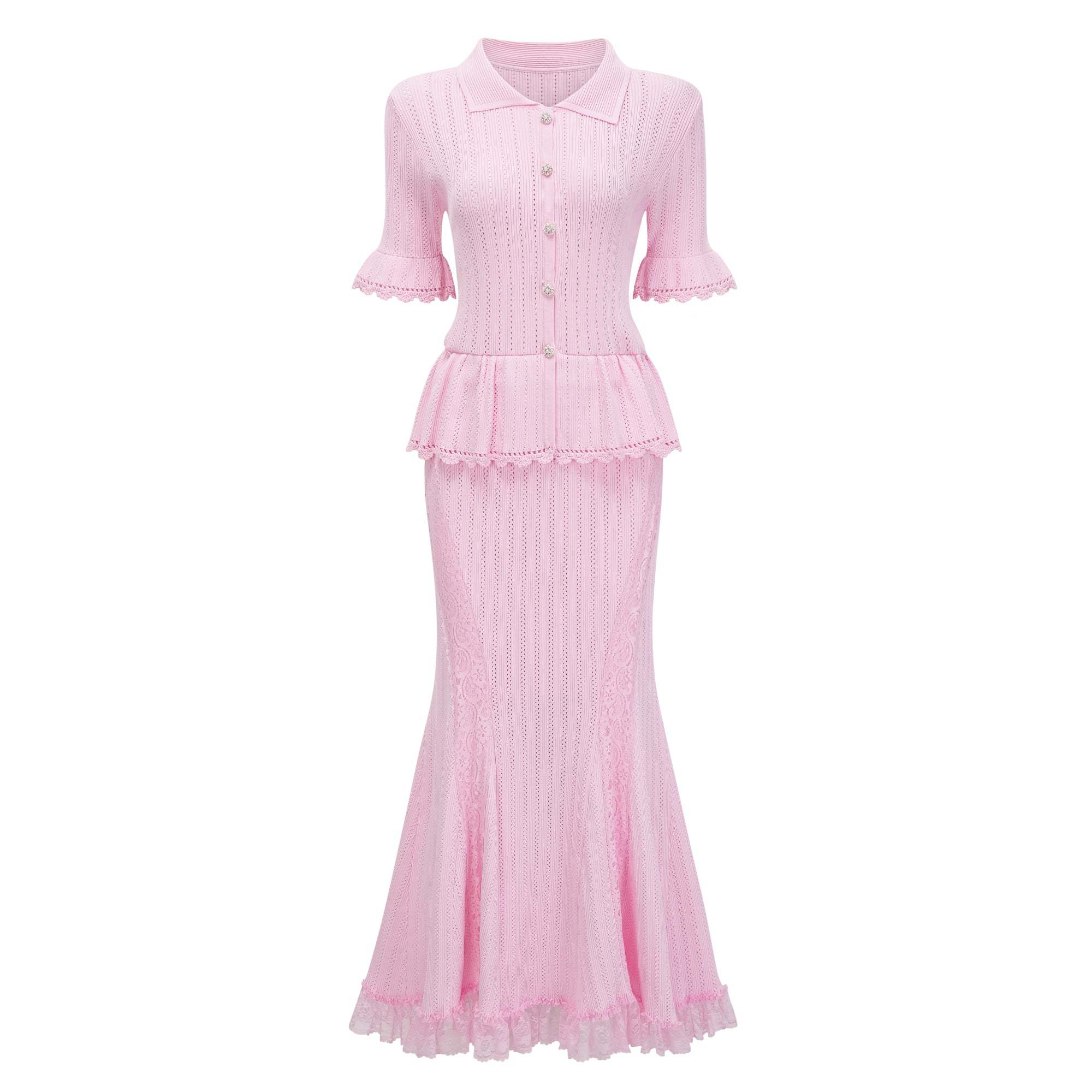 POINTELLE PEPLUM KNIT MIDI DRESS