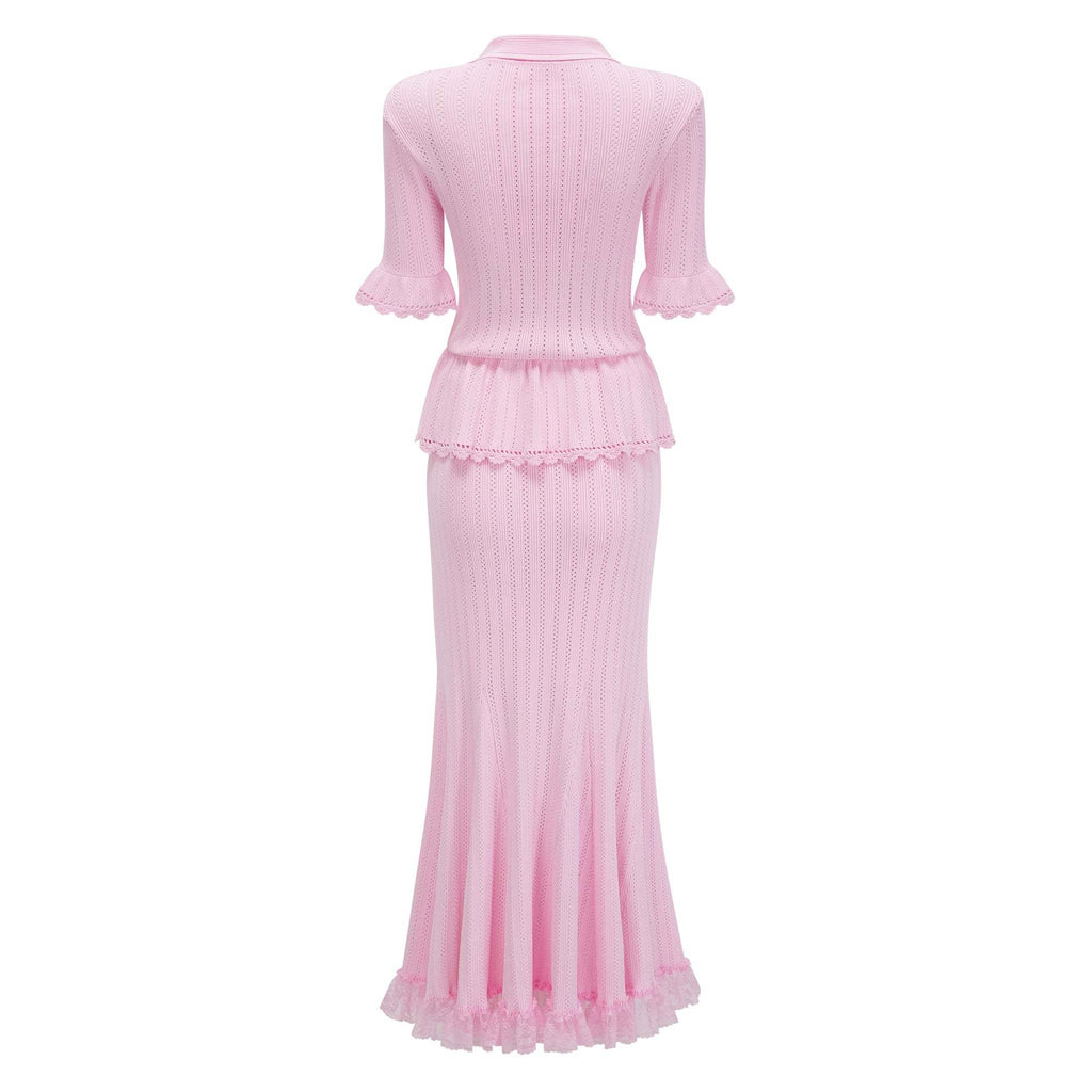 POINTELLE PEPLUM KNIT MIDI DRESS
