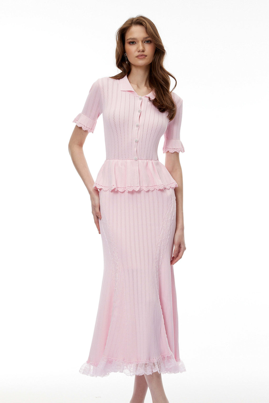 POINTELLE PEPLUM KNIT MIDI DRESS