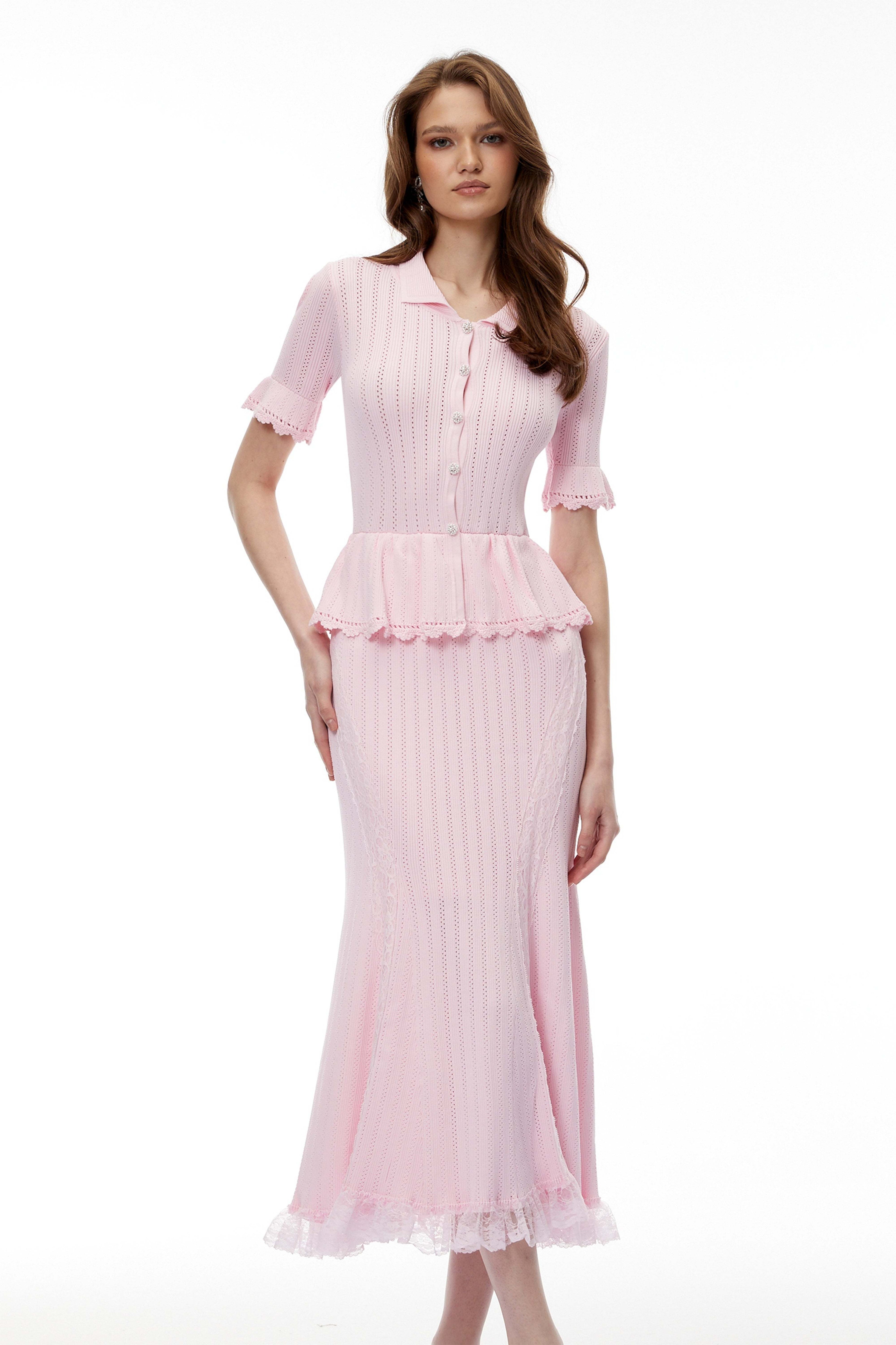 POINTELLE PEPLUM KNIT MIDI DRESS