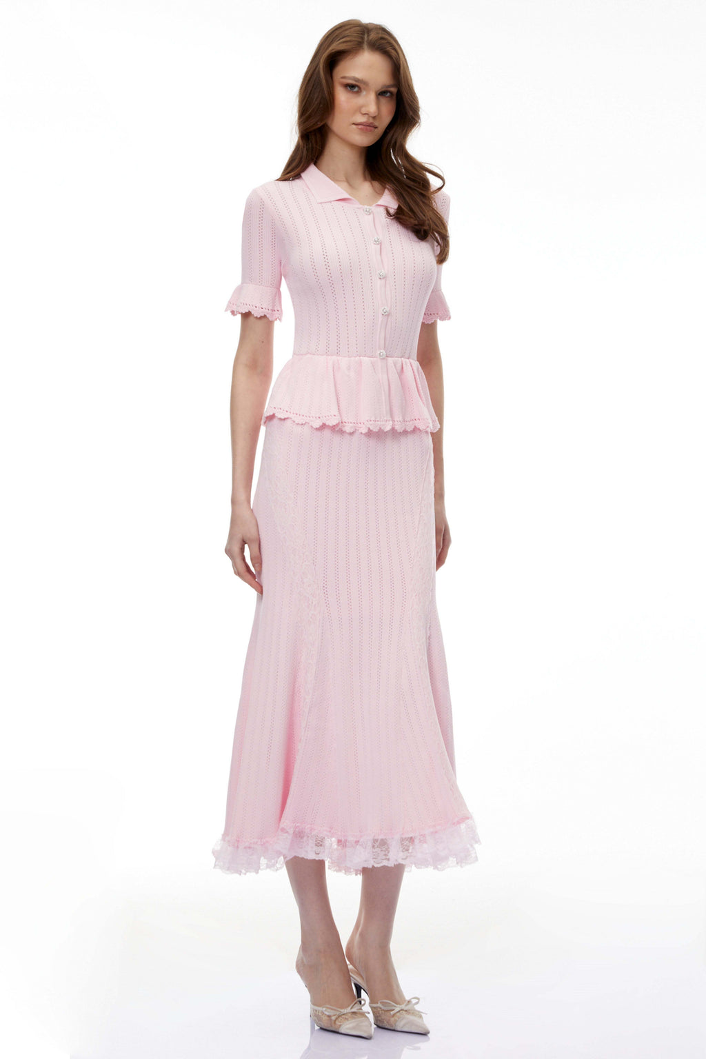 POINTELLE PEPLUM KNIT MIDI DRESS