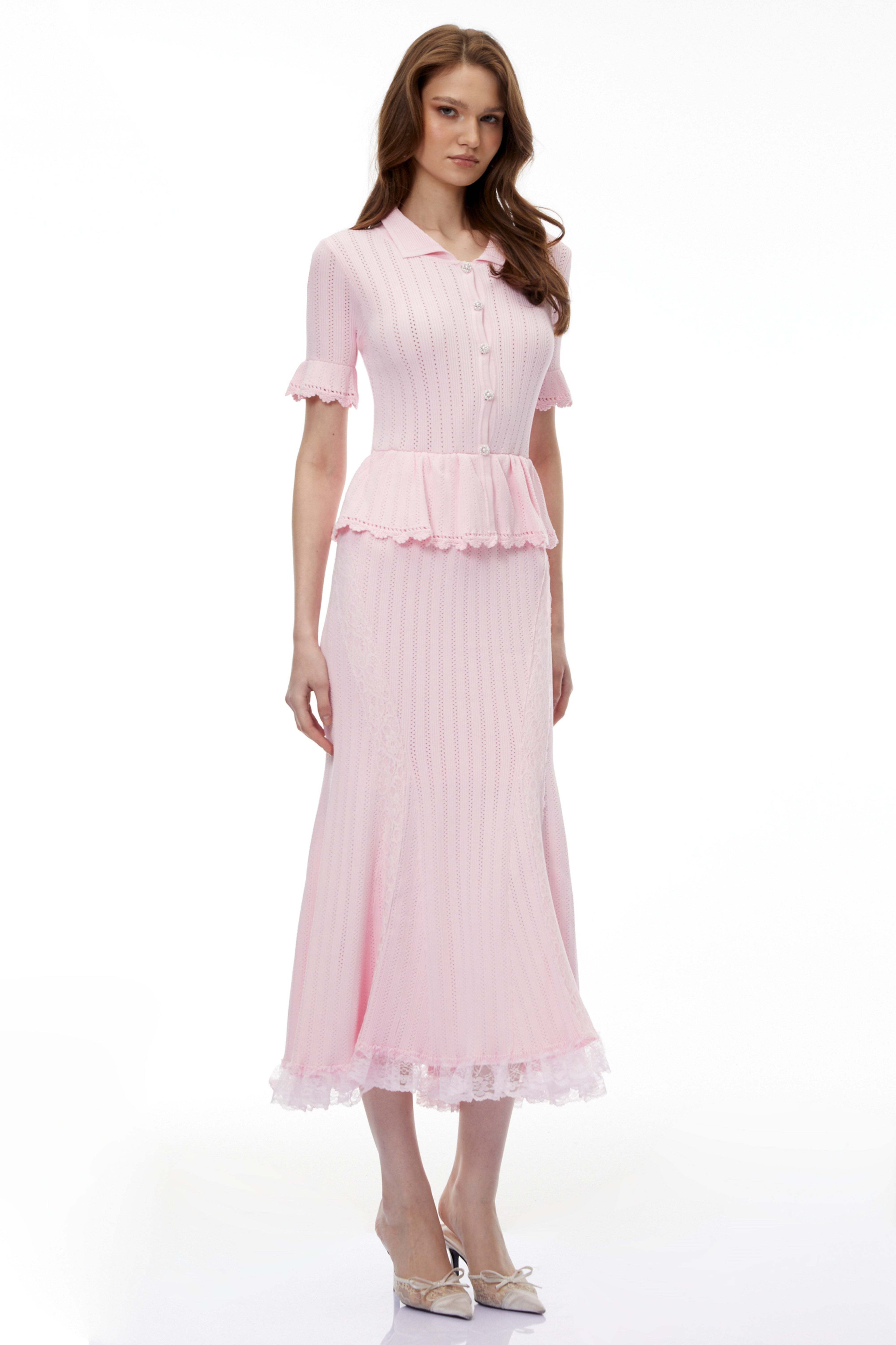 POINTELLE PEPLUM KNIT MIDI DRESS