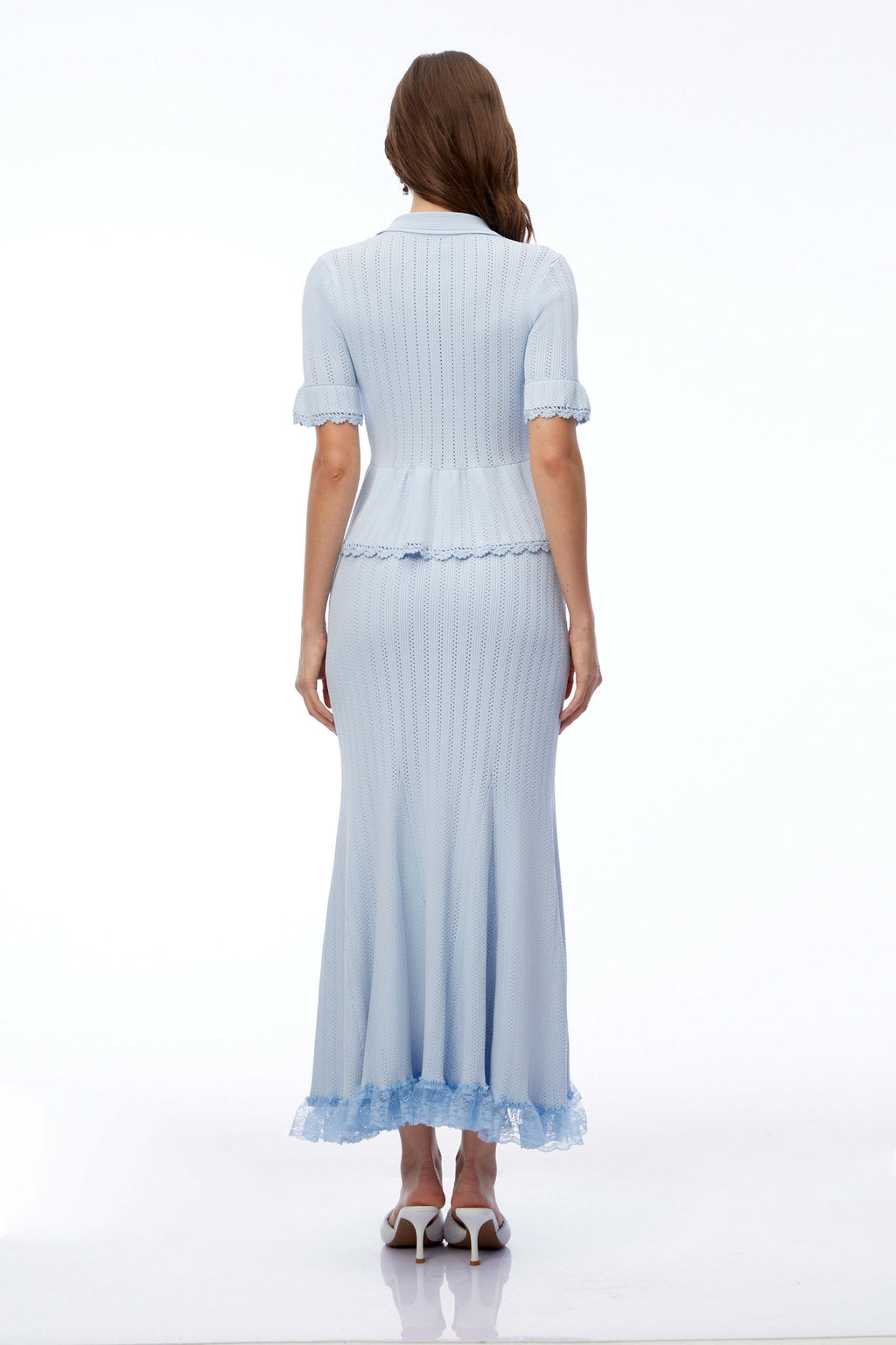 POINTELLE PEPLUM KNIT MIDI DRESS