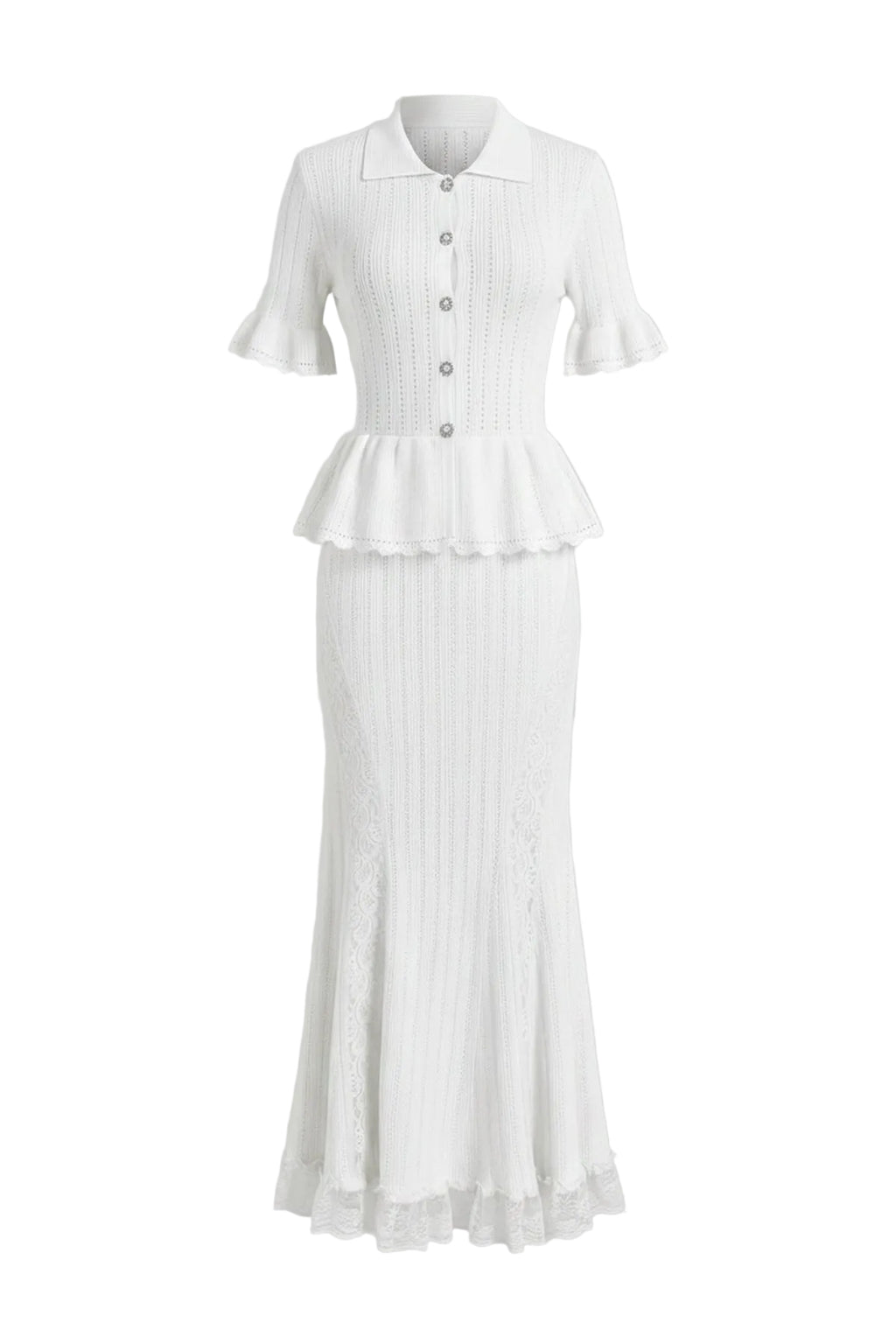 POINTELLE PEPLUM KNIT MIDI DRESS