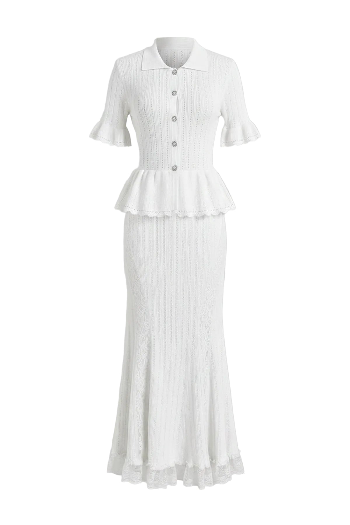 POINTELLE PEPLUM KNIT MIDI DRESS
