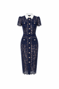 NAVY LACE CONTRAST COLLAR MIDI DRESS