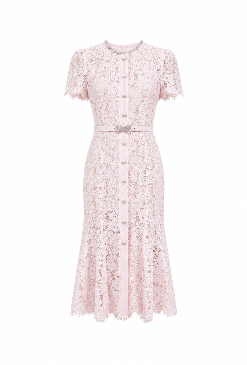 PINK LACE BOW TRIM MIDI DRESS