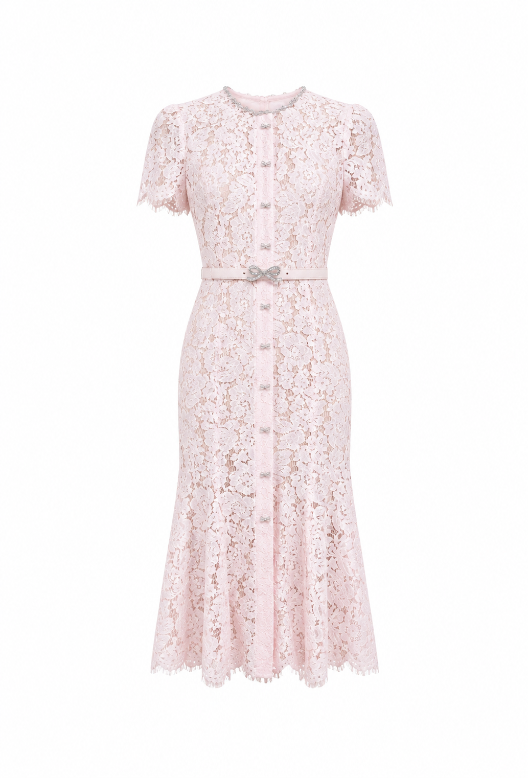 PINK LACE BOW TRIM MIDI DRESS